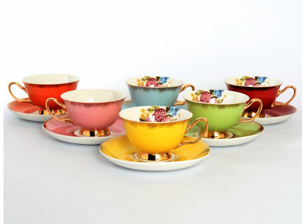 Набор чайных пар Цветы Радуга Золото (чашка 220 мл + блюдце) на 6 персон