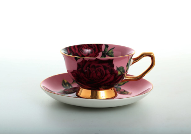 Набор чайных пар Бордовые розы (чашка 200 мл + блюдце) на 6 персон (розовый)