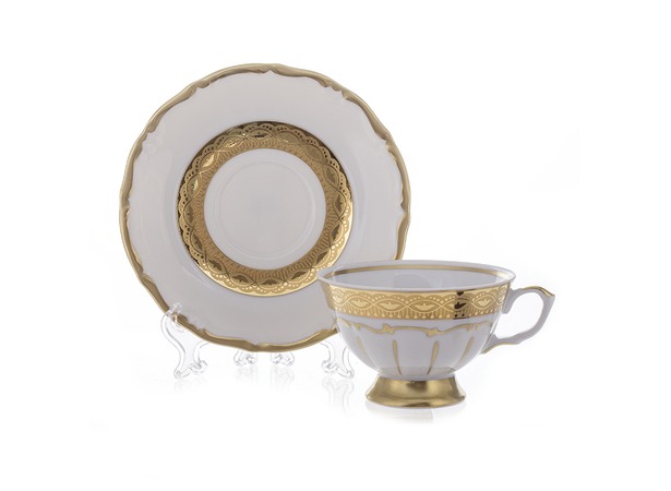 Набор для чая Лента золотая матовая 1 (чашка 200 мл + блюдце) на 6 персон 12 предметов