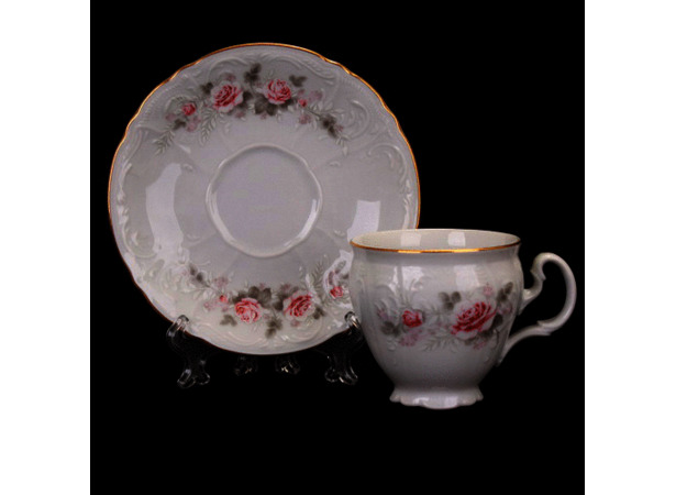 Набор для чая Бернадотт Серая роза золото (чашка 140 мл + блюдце) на 6 персон 12 предметов (высокие на ножке)