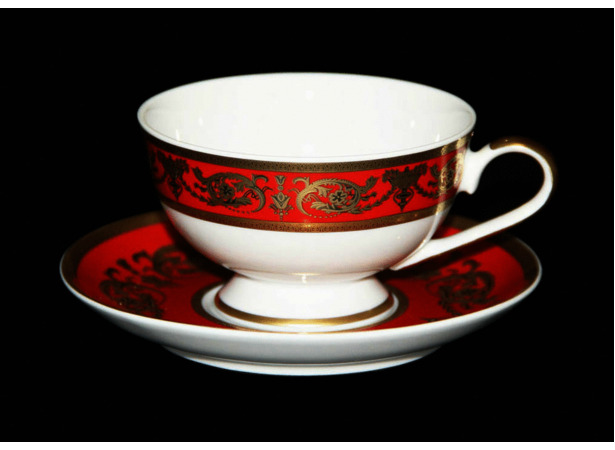 Набор для чая Александрия Красная/золото (чашка 200 мл + блюдце) на 6 персон 12 предметов