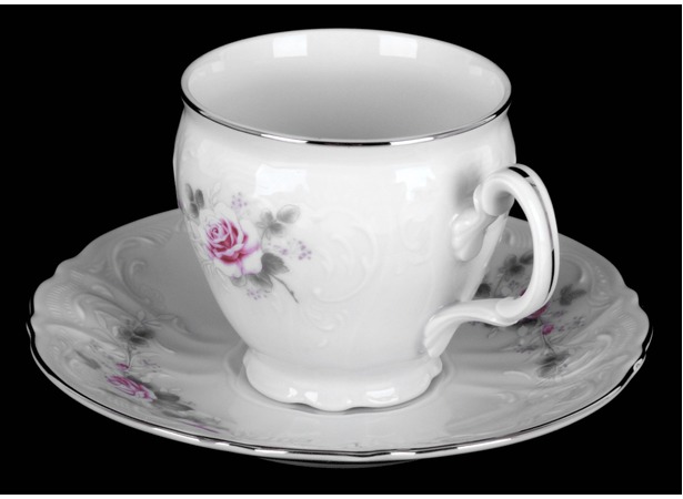 Набор для чая Бернадот Серая роза платина (чашка 240 мл + блюдце) на 6 персон 12 предметов (высокие на ножке)