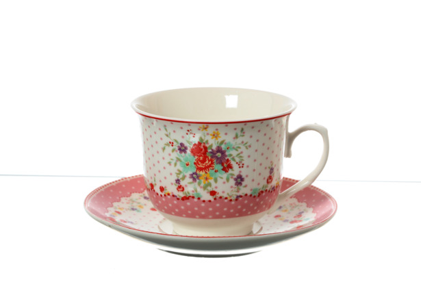 Набор чайных пар Цветы Горох розовый (чашка 220 мл + блюдце) на 6 персон