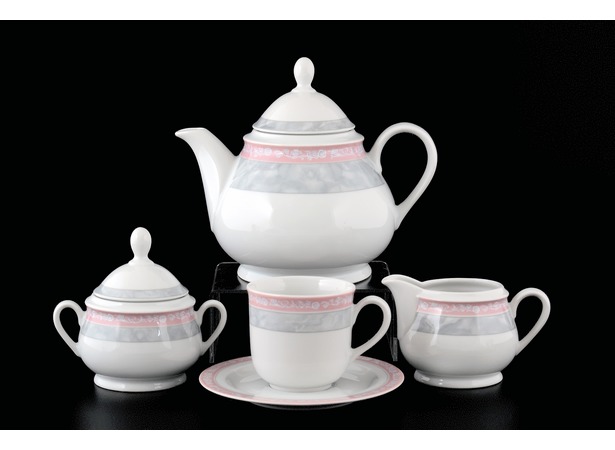 Чайный сервиз Яна Серый мрамор с розовым кантом на 6 персон 15 предметов