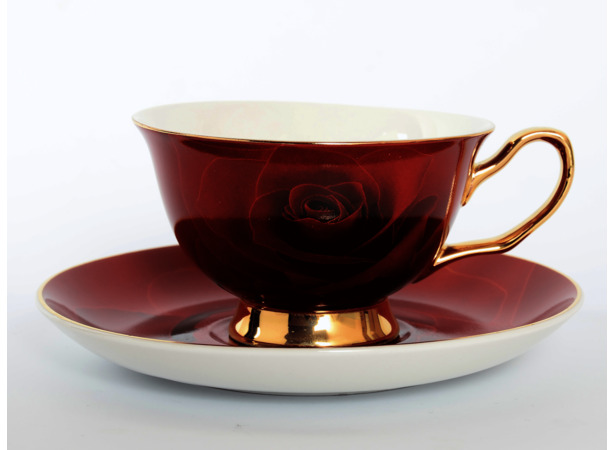 Набор чайных пар Бордовая роза Золото (чашка 220 мл + блюдце) на 6 персон