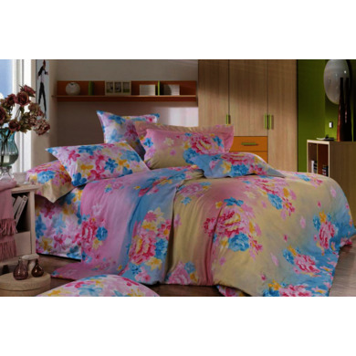 Комплект постельного белья Cleo Розово-голубой с цветами 3D бязь, двуспальный евро