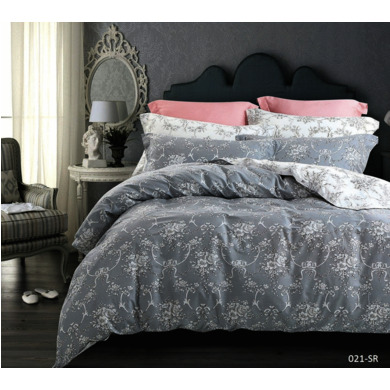 Комплект постельного белья Cleo Белые узоры на сером фоне сатин, двуспальный