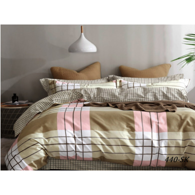 Комплект постельного белья Cleo Розово-бежевая клетка сатин, двуспальный
