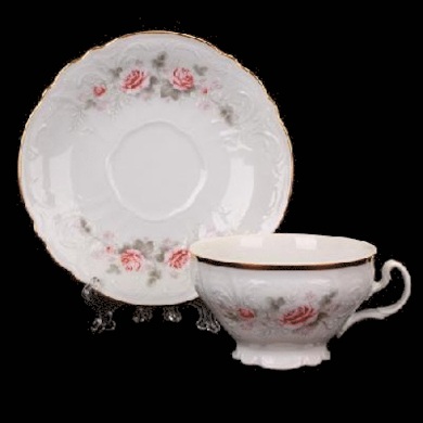 Набор для чая "Бернадотт Серая роза золото" (чашка 220 мл. + блюдце) на 6 персон 12 предметов (низкие на ножке)