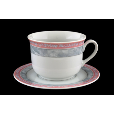Набор чайных пар "Яна Серый мрамор с розовым кантом" (чашка 380 мл. + блюдце) на 6 персон 12 предметов