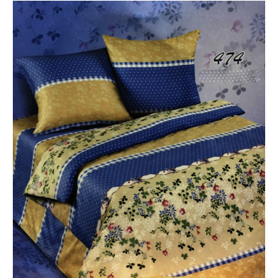 Комплект постельного белья Экзотика "Бежево-синий с растительным орнаментом" сатин, сем.