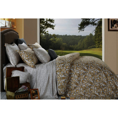 Комплект постельного белья Cleo Желтый орнамент на сером фоне сатин, двуспальный