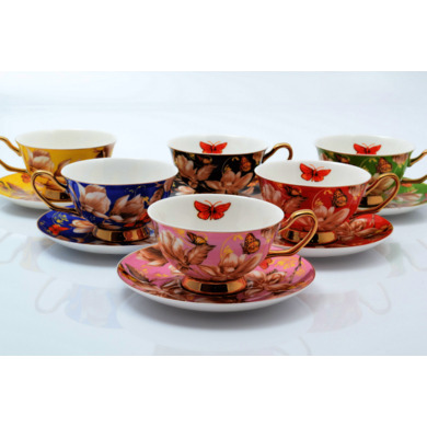 Набор чайных пар "Цветы и бабочки" (чашка 200 мл + блюдце) на 6 персон