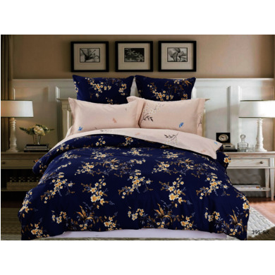 Комплект постельного белья Cleo Кремово-синий с цветами сатин, двуспальный