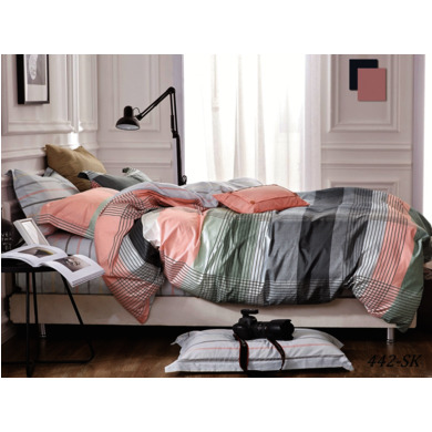 Комплект постельного белья Cleo Серо-розовый в полоску сатин, евро макси