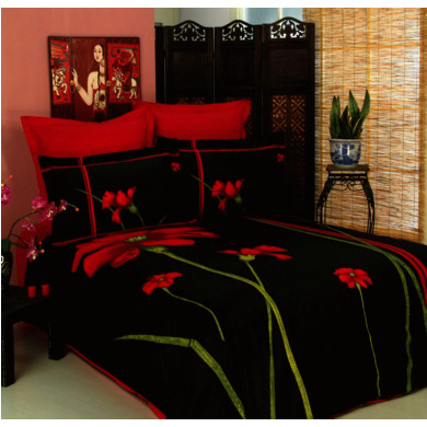Комплект постельного белья "Красные цветы на черном фоне" сатин, евро макси