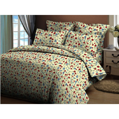 Комплект постельного белья Cleo Орнамент с красными и голубыми цветами 3D бязь, двуспальный евро