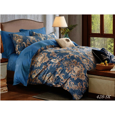 Комплект постельного белья  Cleo Бежевые узоры на голубом фоне сатин, 1,5 сп.