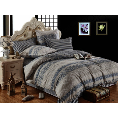 Комплект постельного белья Cleo Бежево-серый с узором и полосками сатин, евро макси