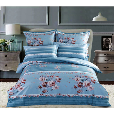 Комплект постельного белья Сайлид "Цветы и полоски на голубом фоне" сатин, евро макси