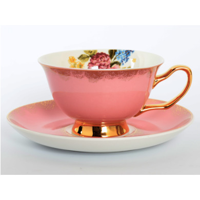 Набор чайных пар "Цветы Золото Розовый" (чашка 220 мл + блюдце) на 6 персон