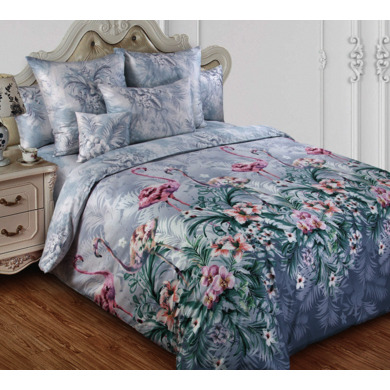 Комплект постельного белья "Фламинго 2" сатин, двуспальный (с европростыней)