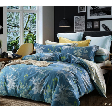 Комплект постельного белья Cleo Голубой с растительным орнаментом сатин, двуспальный