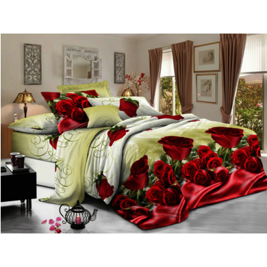 Комплект постельного белья Cleo Красные розы на зеленом фоне полисатин, 1,5 сп.