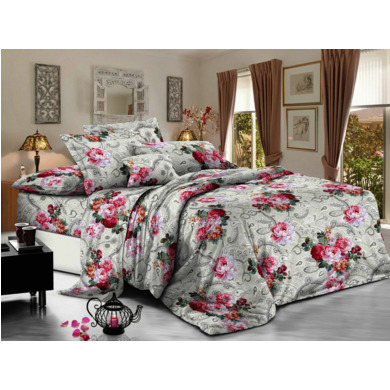 Комплект постельного белья Cleo Розовые цветы на сером фоне полисатин, евро макси
