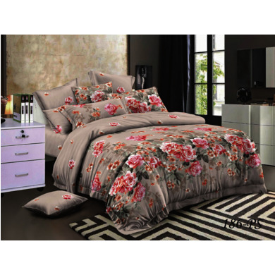 Комплект постельного белья Cleo Розовые цветы на сером фоне полисатин, евро макси