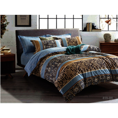 Комплект постельного белья Cleo Голубой с полосками и узорами сатин, двуспальный