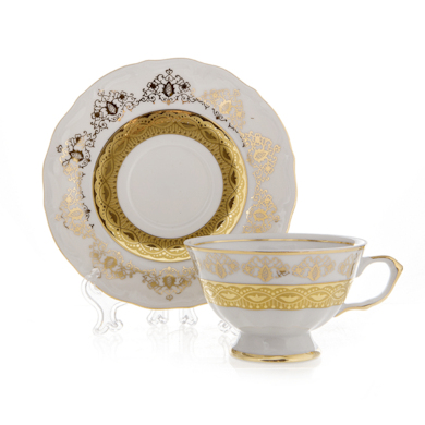 Набор для чая "Лист белый Золото" (чашка 200 мл + блюдце) на 6 персон 12 предметов