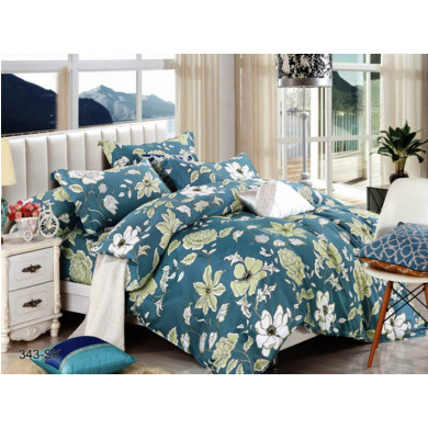 Комплект постельного белья Cleo  Белые цветы на голубом фоне сатин, 1,5 сп.