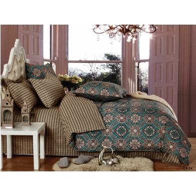 Комплект постельного белья Cleo Бежевый орнамент на бирюзовом фоне сатин, двуспальный