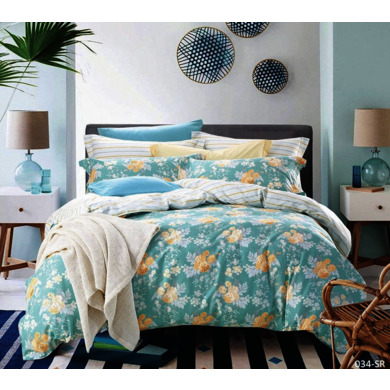 Комплект постельного белья Cleo Желтые цветы на голубом фоне сатин, двуспальный