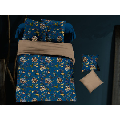 Комплект постельного белья Cleo Цветочный орнамент на синем фоне микросатин, 1,5 сп.