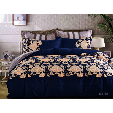 Комплект постельного белья Cleo Кремовые узоры на синем фоне сатин, евро макси