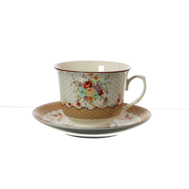 Набор чайных пар "Цветы Горох бежевый" (чашка 220 мл + блюдце) на 6 персон