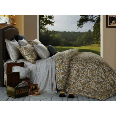 Комплект постельного белья Cleo Желтые узоры на сером фоне сатин, двуспальный