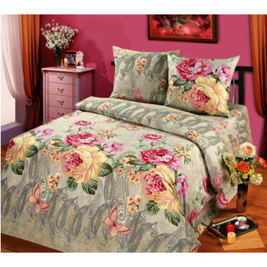 Комплект постельного белья Cleo Розовые цветы, бабочки 3D бязь, двуспальный евро