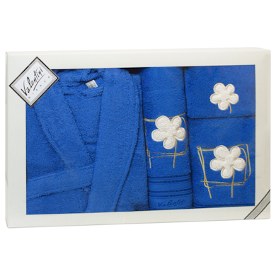Набор Valentini Flower 2 голубой (халат разм L + 3 полотенца 30х50 см, 50х100 см, 70х140 см)