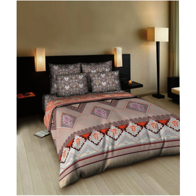 Комплект постельного белья Cleo Серо-оранжевые узоры 3D бязь, двуспальный евро