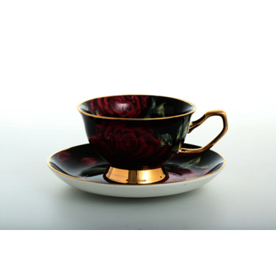 Набор чайных пар "Бордовые розы" (чашка 200 мл + блюдце) на 6 персон (черный)
