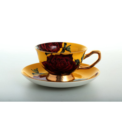 Набор чайных пар "Бордовые розы" (чашка 200 мл + блюдце) на 6 персон (желтый)