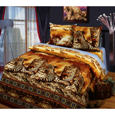 Комплект постельного белья Cleo Леопарды в саванне 3D бязь, двуспальный евро