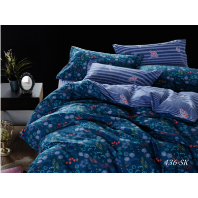 Комплект постельного белья Cleo Полевые цветы на синем фоне сатин, евро макси