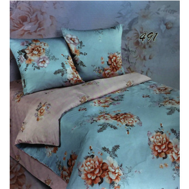 Комплект постельного белья Экзотика "Розово-голубой с цветами" сатин, двуспальный евро