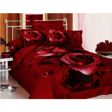 Комплект постельного белья "Розы на красном фоне" сатин, евро макси