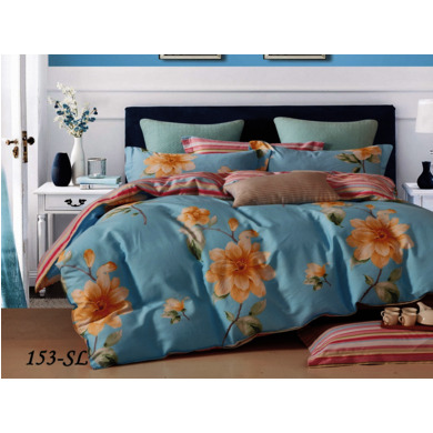 Комплект постельного белья  Cleo Цветы на голубом фоне сатин, двуспальный евро
