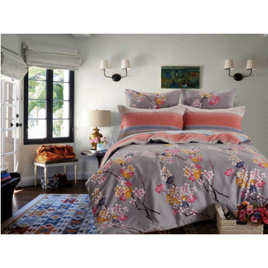 Комплект постельного белья Cleo Цветы на сером фоне сатин, 1,5 сп. 